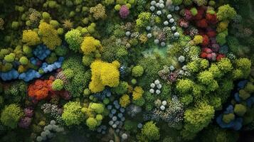 generativo ai, verde bosque decorativo estable musgo con lozano diferente colores árboles, suculentas como antecedentes foto