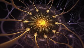 , Conceptual illustration of neuron cells with glowing link knots in abstract dark space, high resolution. Human nervous system photo