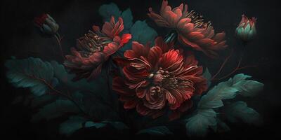 Generative AI, Close up of blooming flowerbeds of amazing red color flowers on dark moody floral textured background. Photorealistic effect.. photo