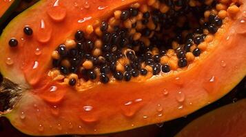 , Macro Fresh half of papaya fruit background. Tropical exotic closeup photo with drops