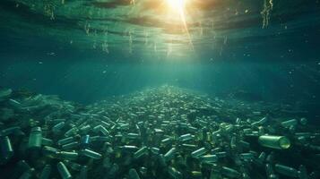 Generative AI, Plastic carrier bags, bottles and other garbage pollution in ocean. Environment concept photo