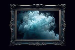 Generative AI, Blue flowing smoke around empty vintage beautiful frame. Copy space, frame mock up blank photo