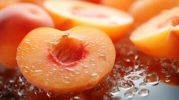 Generative AI, bright slice of juicy ripe apricot and water drops, macro of summer fruit photo