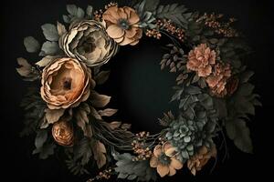 Generative AI, Close up wreath, blooming flowerbeds of amazing apricot and orange flowers on dark moody floral textured background. photo