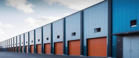 Generative AI, Mini colorful metal self storage facilities rental units, warehouse exterior, industry garage building. photo