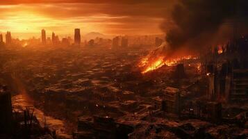 generativo ai, destrucción en el ciudad, quemado pueblo calle con No vida, apocalíptico escena foto