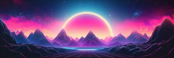 generativo ai, Años 80 retro futurista ciencia ficción., nostálgico años 90 noche y puesta de sol neón colores, cyberpunk Clásico ilustración. sol, montañas y palmas retrowave vj videojuego paisaje. foto