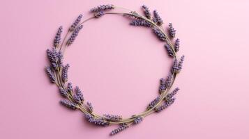 Generative AI, wreath of lavender branches flowers with copy space, natural organic floral frame violet background photo