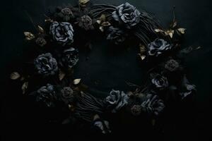 Generative AI, Close up wreath, blooming flowerbeds of amazing black flowers on dark moody floral textured background. photo