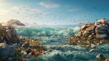, Plastic carrier bags, bottles and other garbage pollution in ocean. Environment concept photo