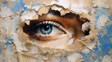 Generative AI, Woman eye looking through a torn hole in vintage paper, blue and beige colors mural. Painted hyperrealistic female art. photo