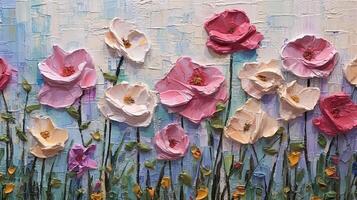 Generative AI, Oil painting of spring flowers on canvas. Beautiful abstract colorful flowers. Macro impasto painting photo