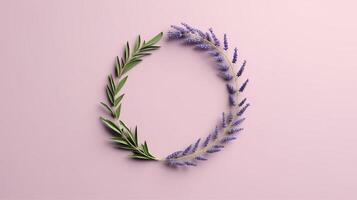 Generative AI, wreath of lavender branches flowers with copy space, natural organic floral frame violet background photo