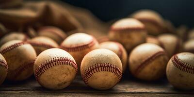 generativo ai, áspero y escabroso textura de antiguo béisbol pelotas cerca arriba en Clásico antecedentes foto