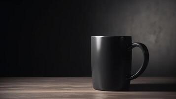 Generative AI, Black ceramic cup set-up in at home interior, mug mock up blank. photo