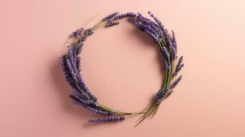Generative AI, wreath of lavender branches flowers with copy space, natural organic floral frame violet background photo