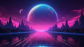 generativo ai, Años 80 retro futurista ciencia ficción., nostálgico años 90 noche y puesta de sol neón colores, cyberpunk Clásico ilustración. sol, montañas y palmas retrowave vj videojuego paisaje. foto