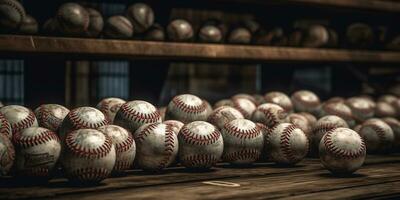 Generative AI, Rough and rugged texture of old baseball balls close up on vintage background photo