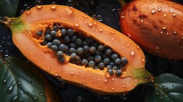 , Macro Fresh half of papaya fruit background. Tropical exotic closeup photo with drops