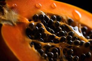 , Macro Fresh half of papaya fruit background. Tropical exotic closeup photo with drops