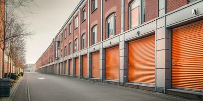 Generative AI, Mini colorful metal self storage facilities rental units, warehouse exterior, industry garage building. photo