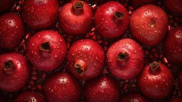 Generative AI, Macro Fresh Juicy half and whole of pomegranate fruit background as pattern. Closeup photo with drops of water