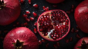 , Macro Fresh Juicy half and whole of pomegranate fruit background as pattern. Closeup photo with drops of water