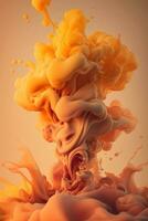 Generative AI, Flowing light apricot crush smoke with splashes. Soft fluid banner, spring female mood, 3D effect, modern macro realistic abstract vertical background, ink in water effect.. photo