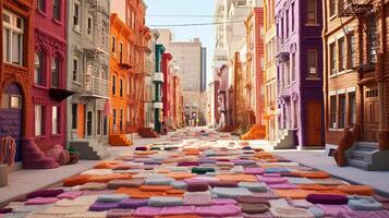 Generative AI, cute street made of crochet, houses, trees, road, cars. Soft colors, dreamy scene cityscape made of crochet materials, wool, fabric, yarn, sewing for background photo