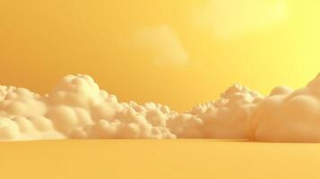 Generative AI, Light yellow fantastic 3d clouds on the floor, sky and landscape. Gentle colors and with bright lights. photo