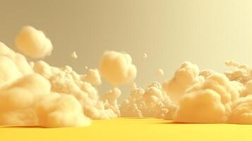 Generative AI, Light yellow fantastic 3d clouds on the floor, sky and landscape. Gentle colors and with bright lights. photo