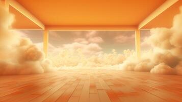 , Light orange, apricot color fantastic 3d clouds on the floor, sky and landscape. Gentle colors and with bright lights. photo