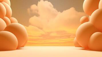 , Light orange, apricot color fantastic 3d clouds on the floor, sky and landscape. Gentle colors and with bright lights. photo