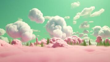 , Pink and green fantastic 3d clouds on the floor, sky and landscape. Gentle colors and with bright lights. photo