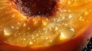 , bright slice of juicy ripe apricot and water drops, macro of summer fruit photo