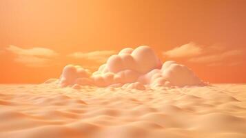 Generative AI, Light orange, apricot color fantastic 3d clouds on the floor, sky and landscape. Gentle colors and with bright lights. photo