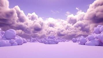 Generative AI, Purple, digital lavender color fantastic 3d clouds on the floor, sky and landscape. Gentle colors and with bright lights. photo