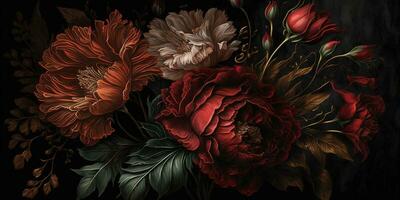 Generative AI, Close up of blooming flowerbeds of amazing red color flowers on dark moody floral textured background. Photorealistic effect.. photo