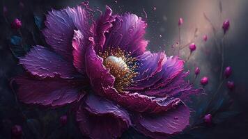 , Close up of blooming flowerbeds of amazing viva magenta flowers on dark moody floral textured background with golden particles. Photorealistic paint effect. photo