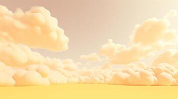 Generative AI, Light yellow fantastic 3d clouds on the floor, sky and landscape. Gentle colors and with bright lights. photo