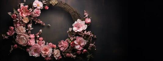 Generative AI, Close up wreath, blooming flowerbeds of amazing pink flowers on dark moody floral textured background. photo