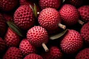 Generative AI, Macro Fresh Juicy of lychee fruit background. Closeup photo, summer Thailand food. photo