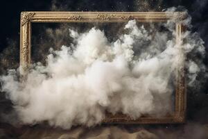 , White powder splash and smoke around empty vintage beautiful frame. photo