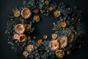 Generative AI, Close up wreath, blooming flowerbeds of amazing apricot and orange flowers on dark moody floral textured background. photo