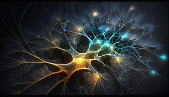 , Conceptual illustration of neuron cells with glowing link knots in abstract dark space, high resolution. Human nervous system photo