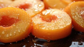 , bright slice of juicy ripe apricot and water drops, macro of summer fruit photo