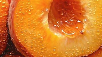 Generative AI, bright slice of juicy ripe apricot and water drops, macro of summer fruit photo