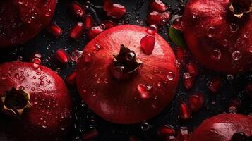 Generative AI, Macro Fresh Juicy half and whole of pomegranate fruit background as pattern. Closeup photo with drops of water