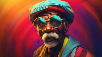generativo ai, africano americano gracioso contento antiguo Jubilación hombre de cerca retrato, vistiendo lentes y moderno de moda ropa foto