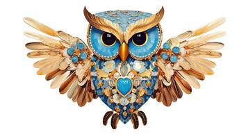 Generative AI, beautiful colorful owl brooch, opal stone and golden color palette isolated on white background. Bijouterie, jewelry close up. photo